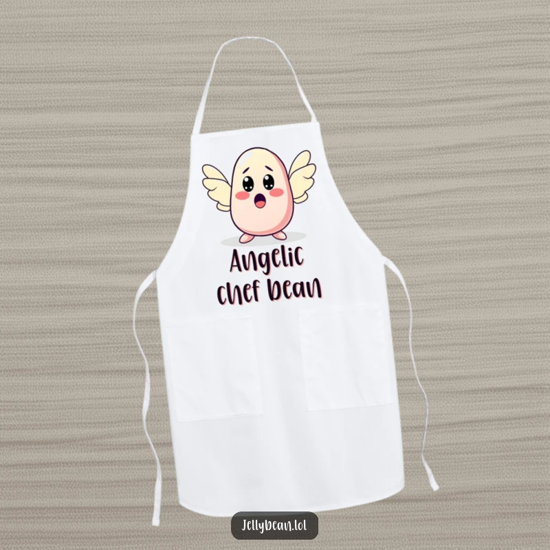 Funny apron with a jelly bean character sprouting wings with a surprised expression, perfect for kitchen duty with unexpected, funny flair. A practical funny gift.