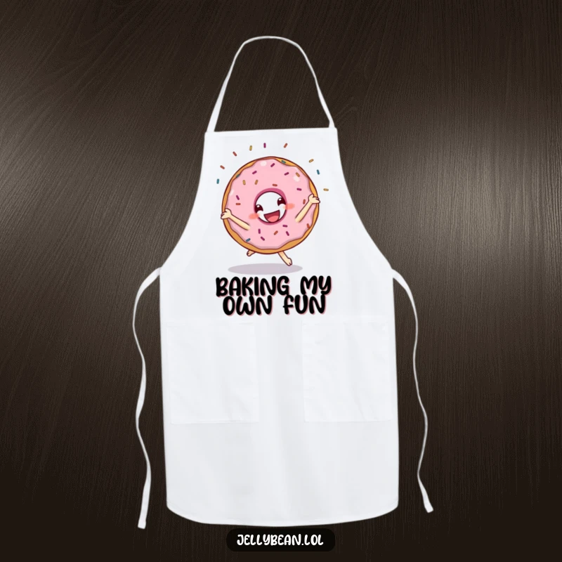 Funny apron showcasing a grinning donut character performing a cartwheel with sprinkles flying, perfect for cooking with a dose of sugary humor.