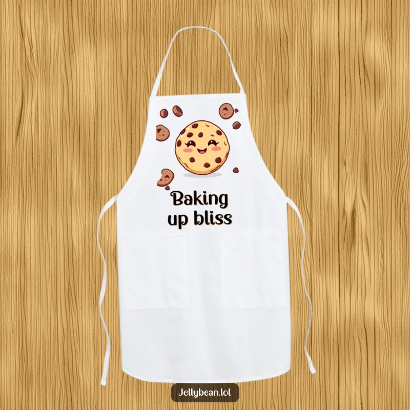 Funny kitchen apron with a delighted chocolate chip cookie character wearing a big grin, suitable for cooking or baking.