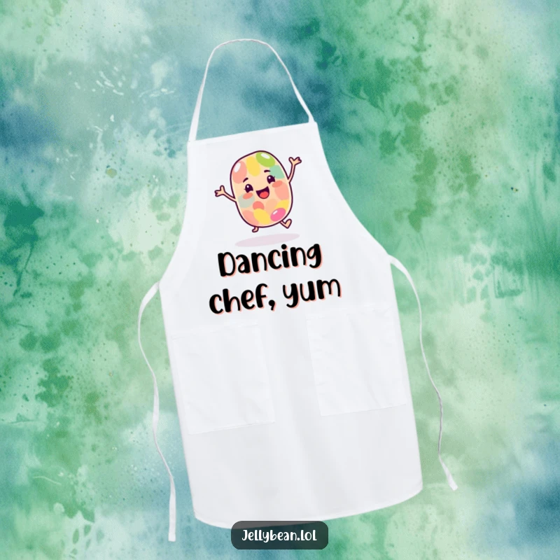 Funny Apron: A happy jelly bean character dances energetically, adding fun and protection to kitchen tasks.