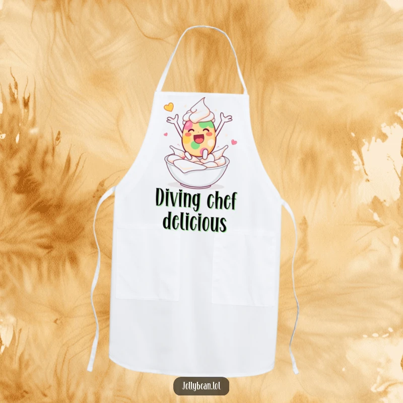 Funny apron with a jelly bean character leaping into whipped cream with delighted abandon, perfect for kitchen fun.