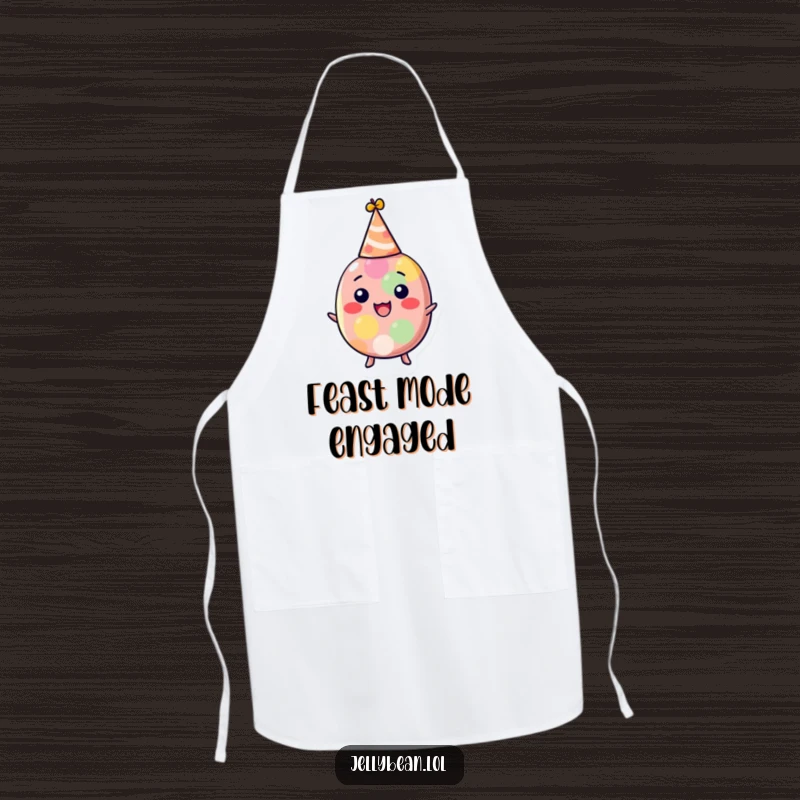Funny jelly bean apron showing a delighted character in a festive hat while cooking, adding humor to the kitchen, a practical and funny gift.