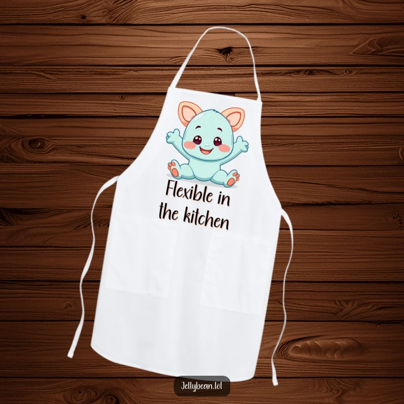 Funny kitchen apron with a smiling taffy character in a playful stretch, suitable for cooking, baking, or crafting.