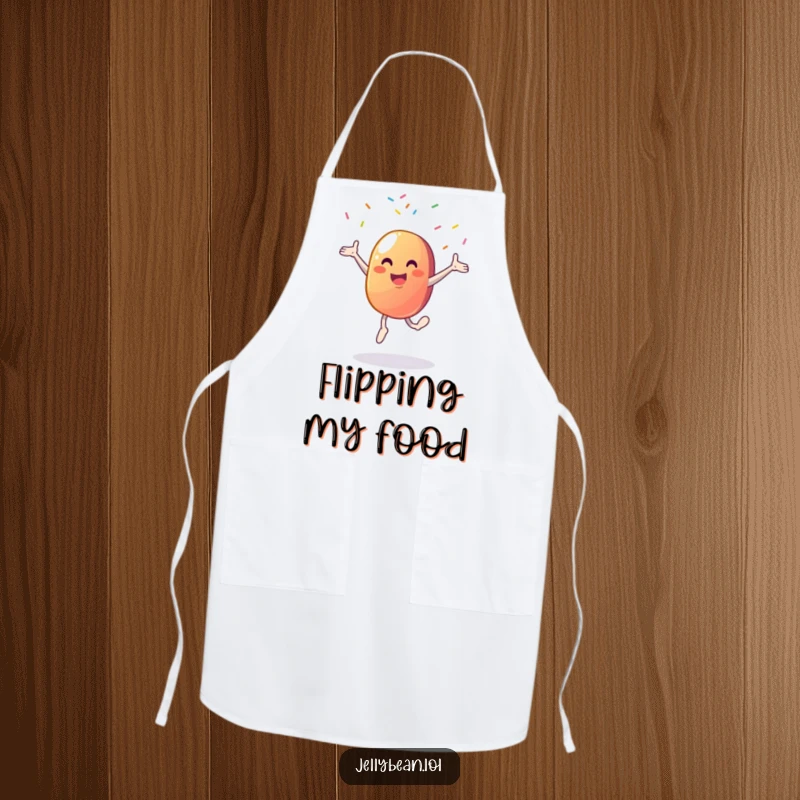 Funny apron featuring a jubilant jelly bean character doing a cartwheel, with sprinkles flying like festive kitchen chaos.