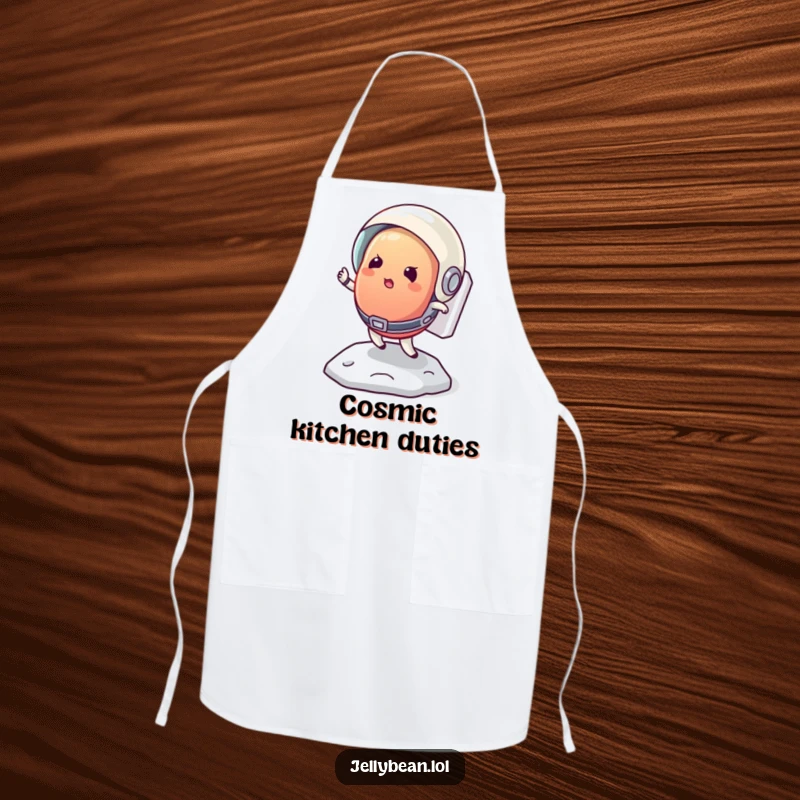 Funny apron with a determined jelly bean astronaut attempting to bounce on the moon, bringing space humor to cooking.