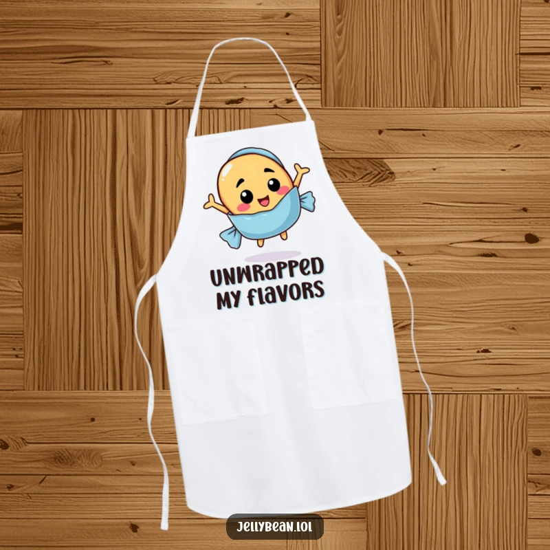 Funny apron showing a jelly bean with a funny face jumping out of a candy wrapper, perfect for kitchen fun.