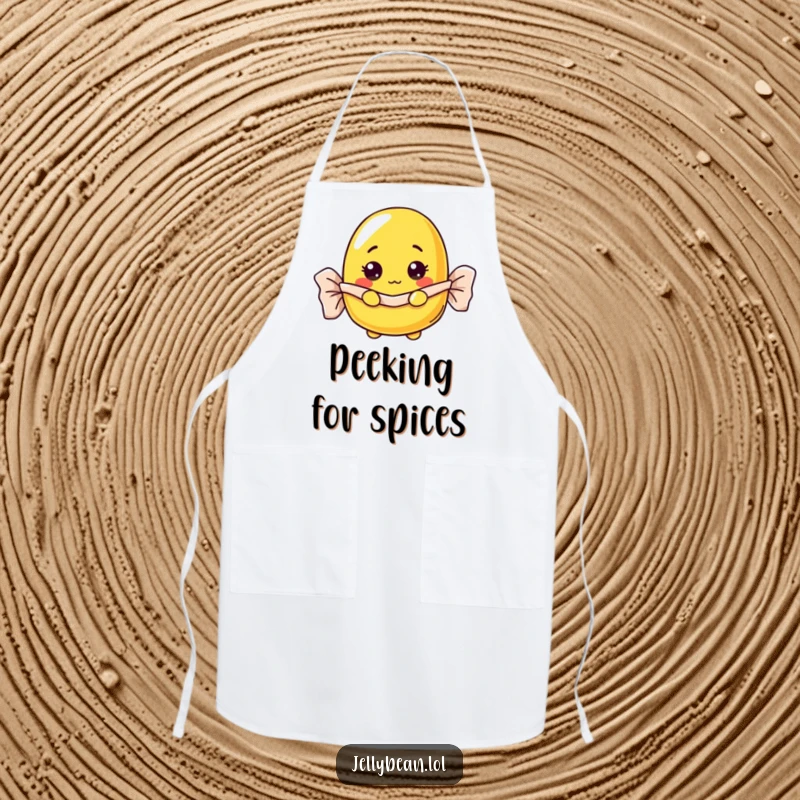 Funny curious yellow jelly bean apron peeking from a wrapper, a playful and funny gift for cooks.