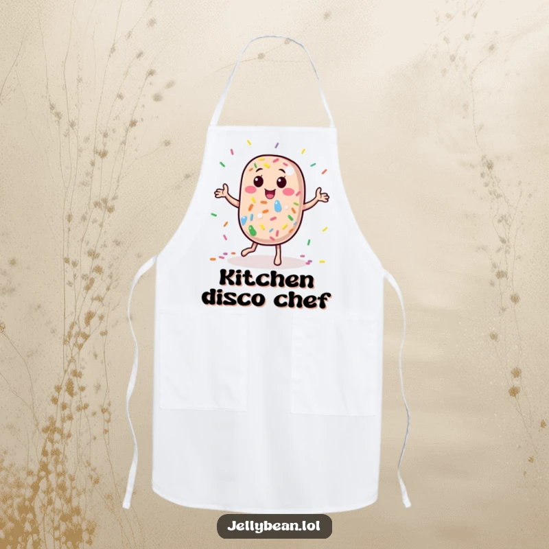 Funny Apron: A jelly bean character dances happily, showered in rainbow sprinkles, perfect for a chef who loves a touch of fun.
