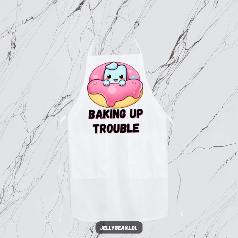 Funny apron showing a mischievous jelly bean character peeking over a giant donut, perfect for kitchen fun and protecting clothes.