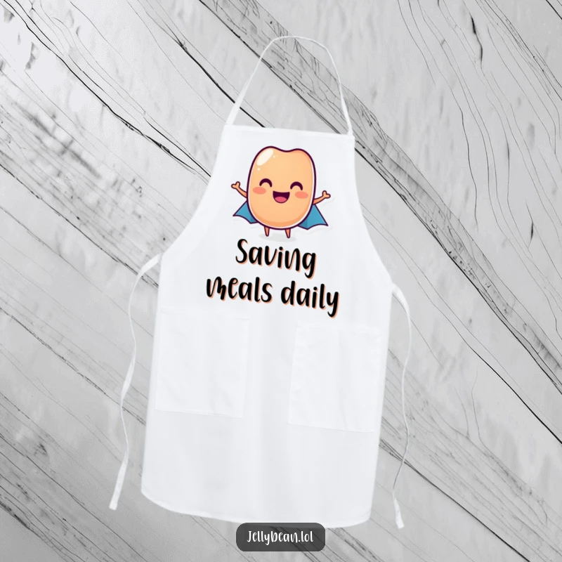 Funny jelly bean apron featuring a grinning hero jelly bean in a cape, ready for kitchen duty, a funny gift.