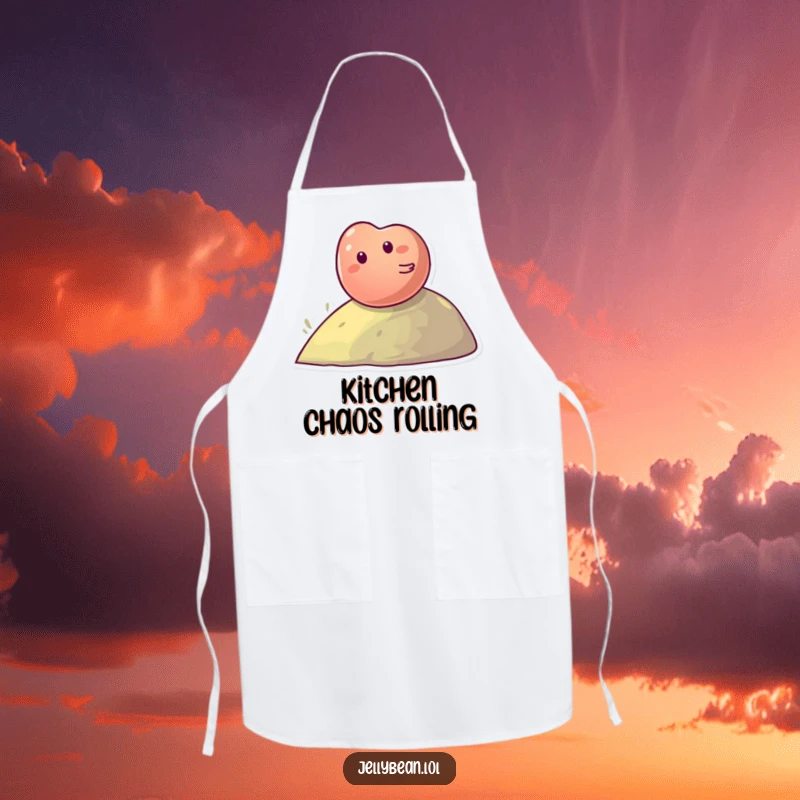 Funny Apron: Giggling jelly bean character rolling down a hill, perfect for sweet kitchen adventures.