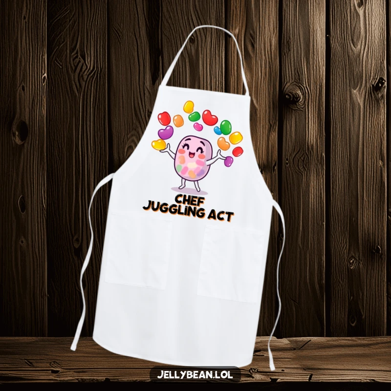 Funny jelly bean character juggling kitchen utensils and ingredients on a chef's apron, adding humor to cooking tasks.