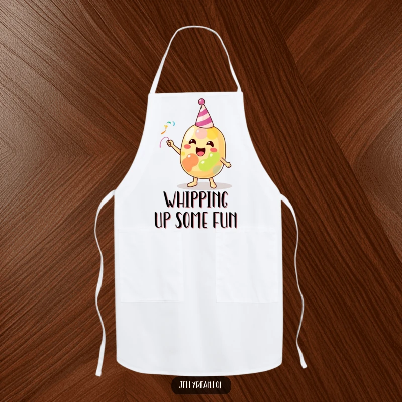 Funny Apron featuring a beaming jelly bean character joyfully throwing a party streamer, ideal for adding cheer to kitchen activities.