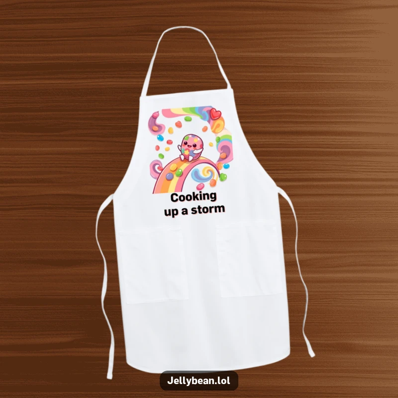 Funny Apron with a giggling jelly bean character sliding down a rainbow of swirling flavors, perfect for adding cheer to cooking.
