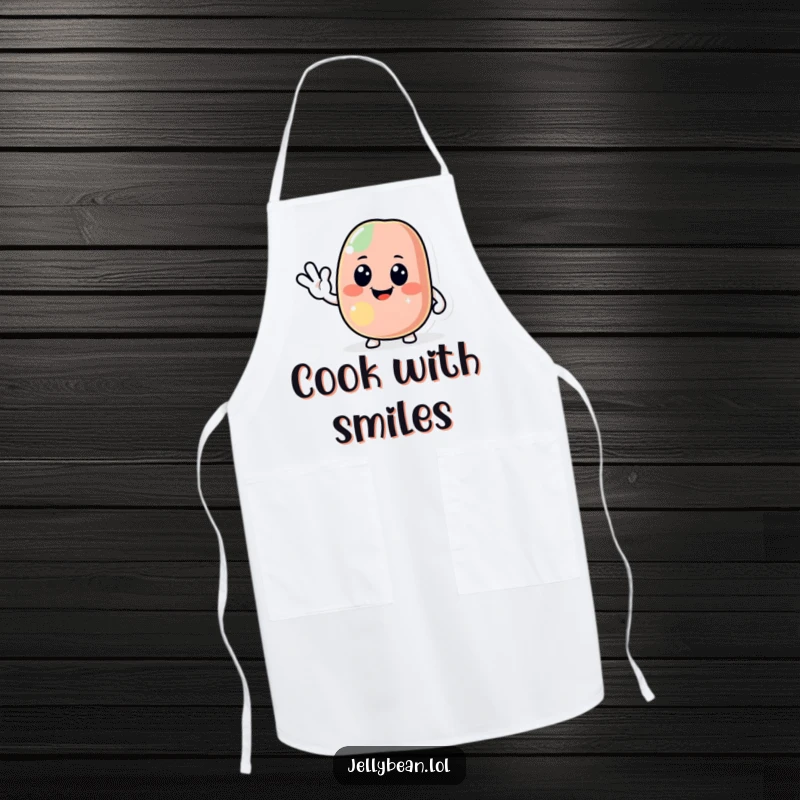 Funny jelly bean apron showing a jolly character giving a friendly wave, adding warmth and humor to the kitchen, a practical and amusing funny gift.