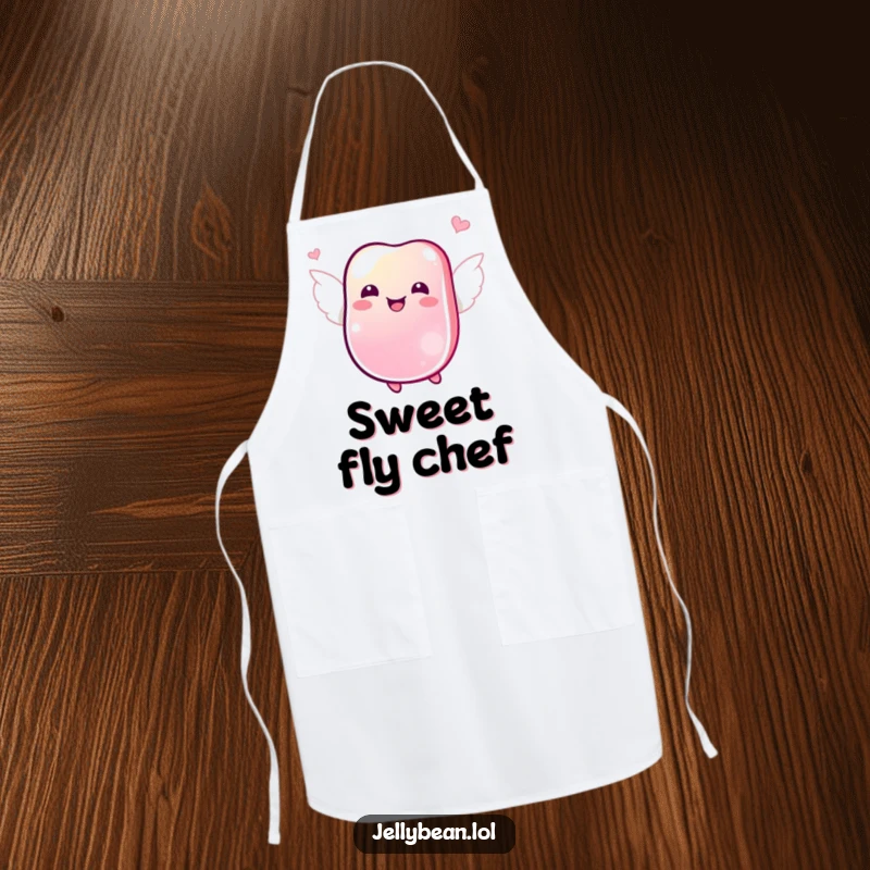 Funny apron showing a jubilant jelly bean with tiny wings joyfully fluttering, bringing charm to the kitchen.