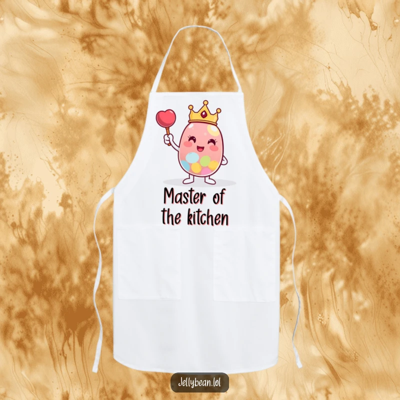 Funny Apron with a tiny-crowned jelly bean character posing triumphantly beside a large candy, ideal for ruling the kitchen with flair.