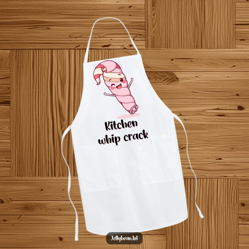 Funny kitchen apron with a happy licorice whip character performing a silly stunt, suitable for cooking, baking, or crafting.