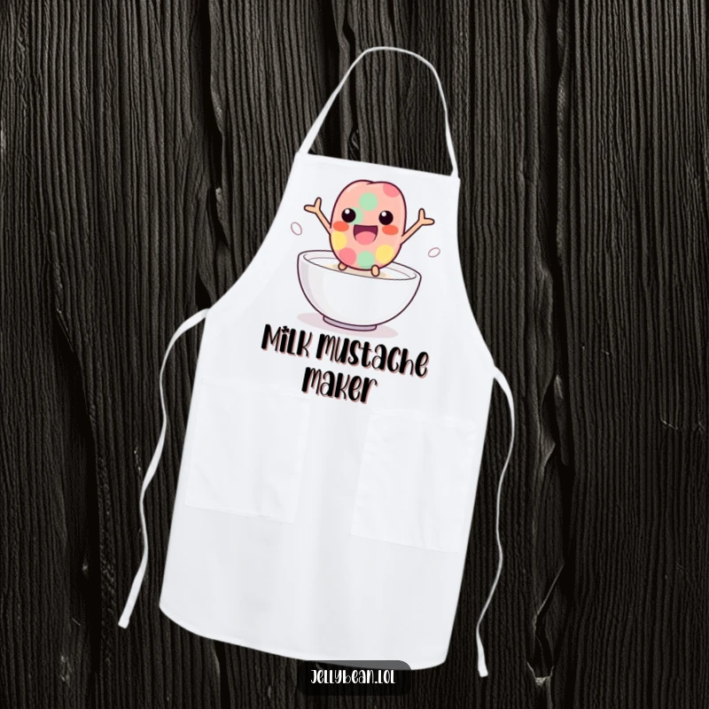 Funny jelly bean apron showing a playful character leaping into milk, adding humor to the kitchen, a practical and amusing funny gift.