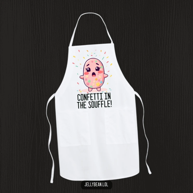 Funny apron featuring a jelly bean character looking surprised as confetti falls, perfect for cooking and hosting parties.