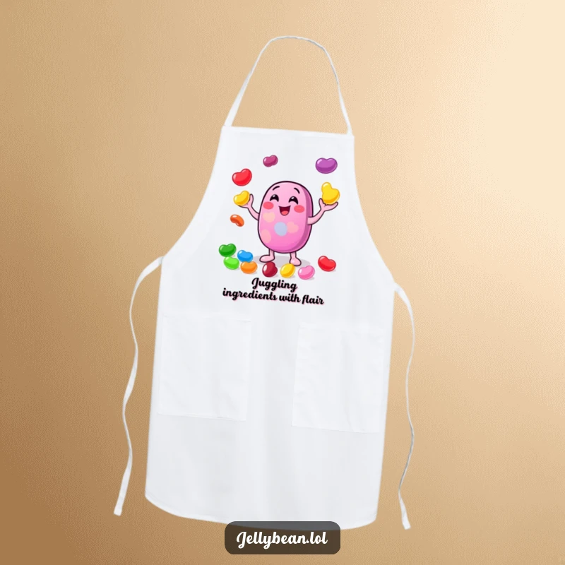 Funny apron featuring a cheerful jelly bean character gleefully juggling smaller, brightly colored jelly beans, perfect for a playful cook.