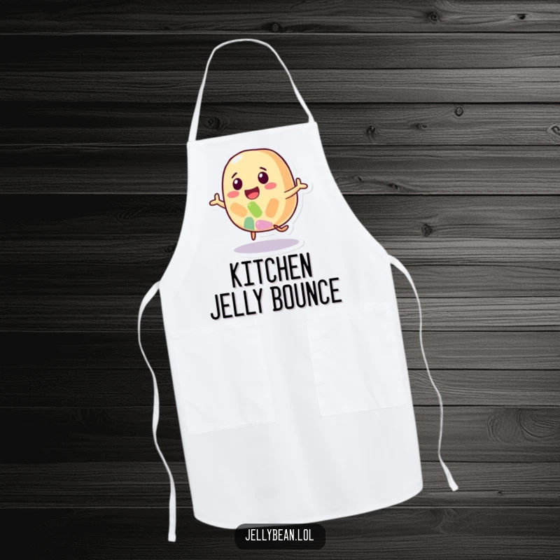 Funny kitchen apron with a happy jelly bean character energetically bouncing, perfect for cooking, baking, or messy crafts.