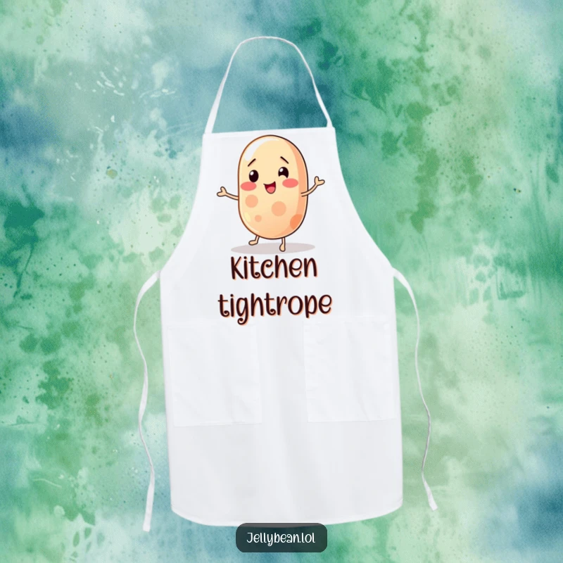 Funny jelly bean apron showing a wobbly character trying to balance, adding humor to the kitchen, a practical and amusing funny gift.