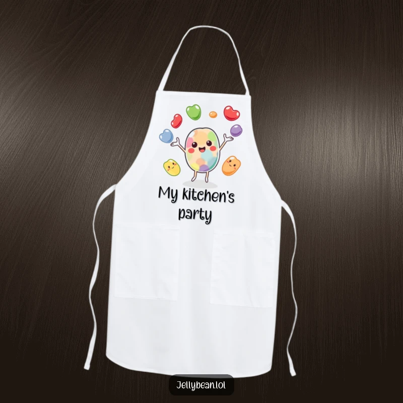 Funny apron featuring a cheerful jelly bean character juggling its bean friends, designed for cooks who want to add playful humor to their kitchen.