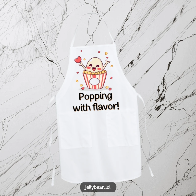 Funny apron featuring a jelly bean character popping out of a popcorn box, adding excitement to cooking and baking.