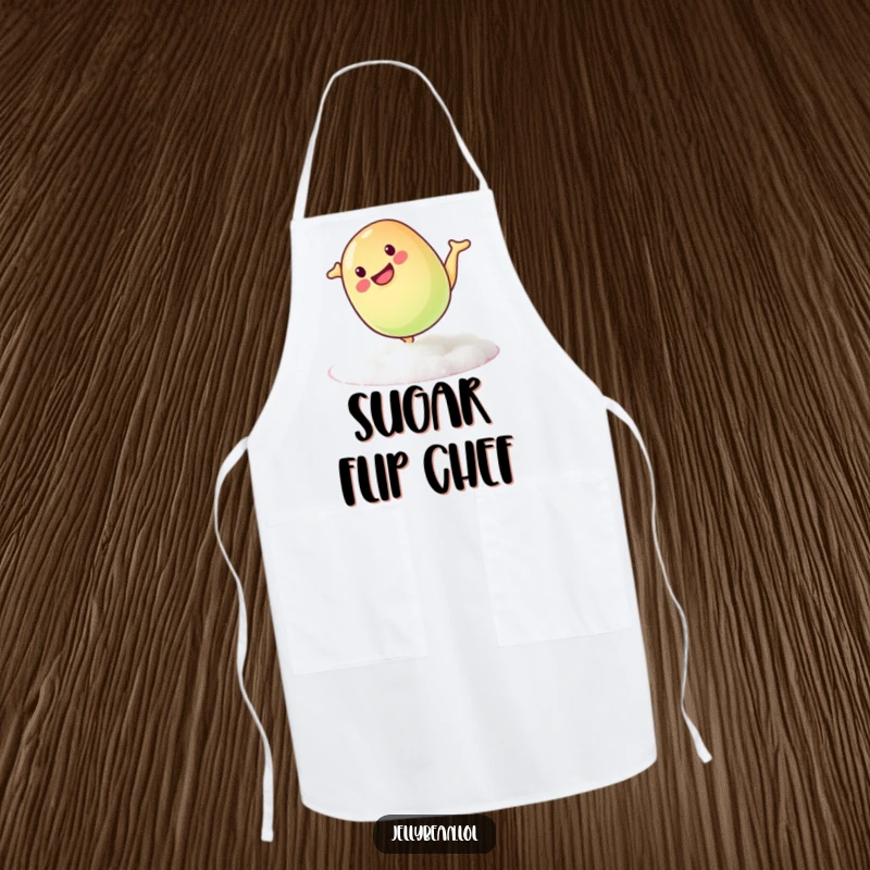 Funny apron showing a mischievous jelly bean doing a playful somersault on a sugary surface, bringing kitchen fun.
