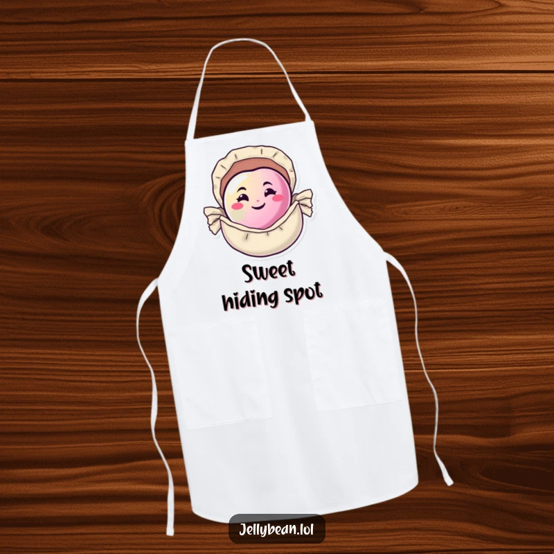 Funny Apron illustrates a happy jelly bean with a mischievous grin, peeking out from its candy wrapper, ideal for kitchen fun.