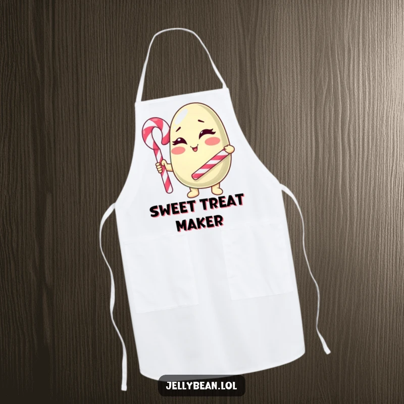 Funny Apron: An anthropomorphic jelly bean character winks expertly while holding a candy cane cane, perfect for a playful chef.