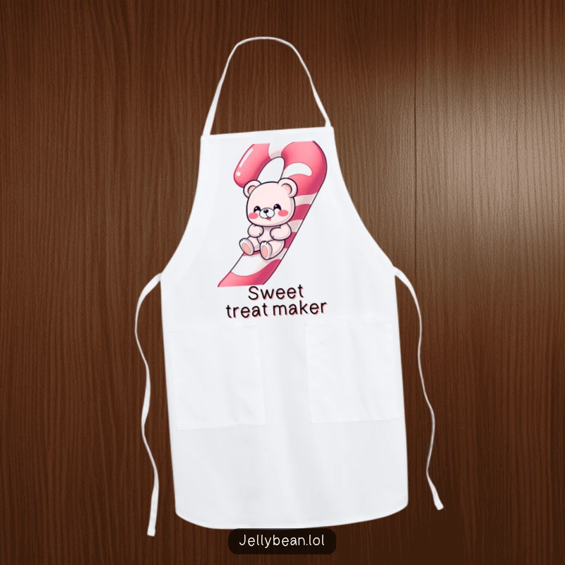 Funny giggling gummy bear character sliding down a giant candy cane on a practical kitchen apron.