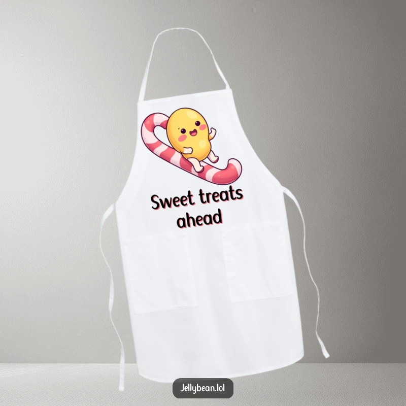Funny Apron featuring a jelly bean character happily riding a candy cane, perfect for sweet culinary creations.