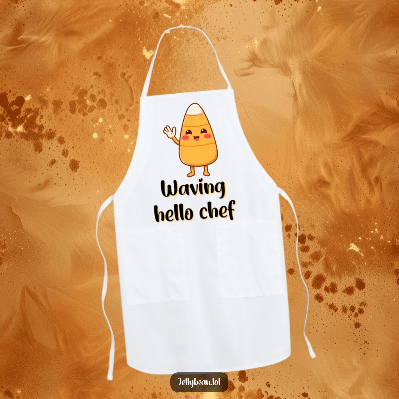 Funny Candy Corn Apron with a cute character waving hello, perfect for adding a friendly touch to cooking and baking.
