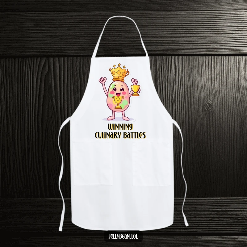 Funny apron: A jelly bean character triumphantly holds a trophy, perfect for kitchen victory and fun.
