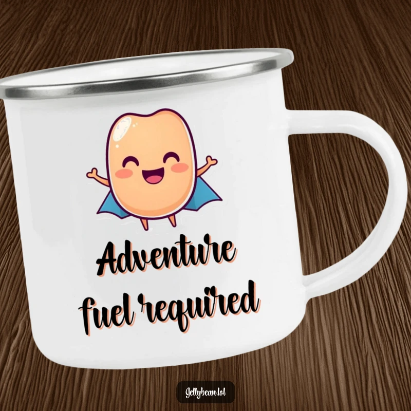 Funny jelly bean hero camping mug featuring a grinning jelly bean in a cape, ready for adventure, a funny gift.