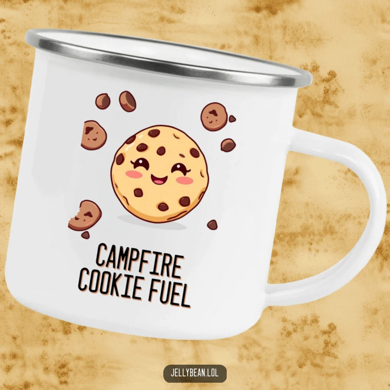 Funny camping mug featuring a delighted chocolate chip cookie with a happy grin, perfect for enjoying drinks outdoors.