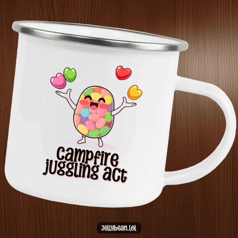Funny Camping Mug: An anthropomorphic jelly bean character juggles smaller jelly beans skillfully. Ideal for campers who love cute and funny outdoor gear.