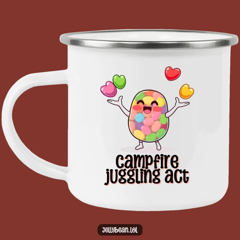 Funny Jelly Bean Juggler Camping Mug: Sip Skillfully on Your Adventures! A fun outdoor gift.