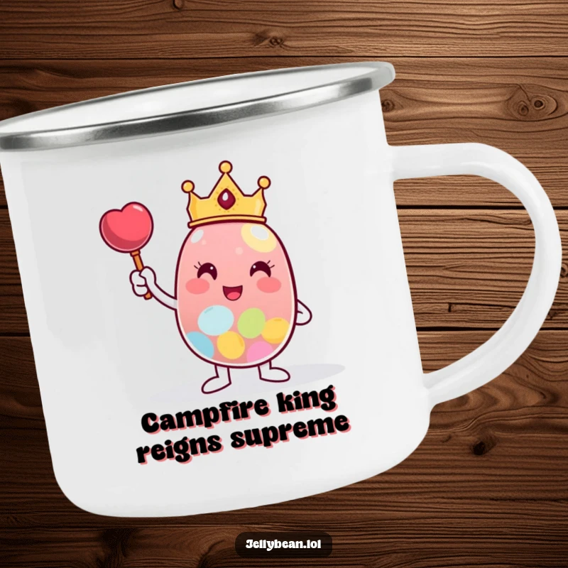 Funny Camping Mug with a tiny-crowned jelly bean character triumphantly posing beside a large candy, ready for outdoor victories.