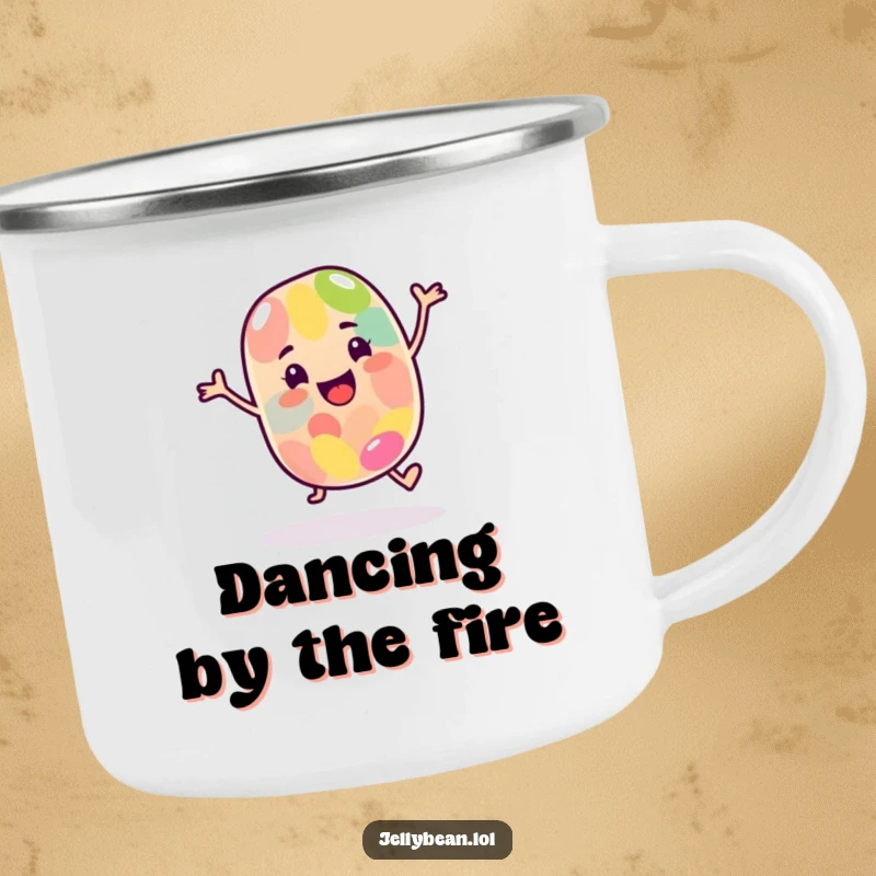 Funny Camping Mug: A happy jelly bean character dances joyfully, perfect for outdoor drinks and good times.