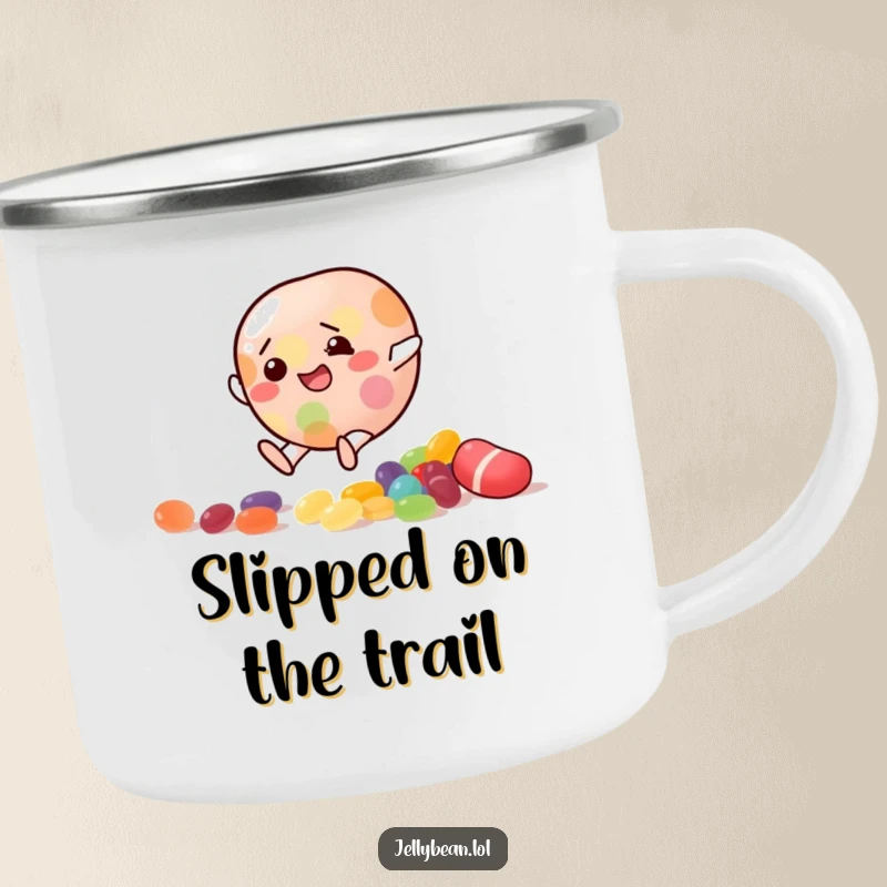 Funny Camping Mug featuring a jelly bean character comically slipping on scattered candy, perfect for outdoor sips.