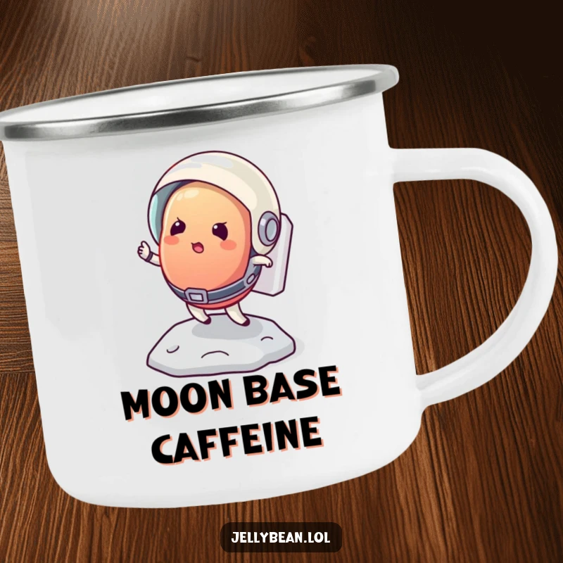 Funny camping mug showing a determined jelly bean astronaut bouncing on the moon, perfect for space-themed outdoor drinks.