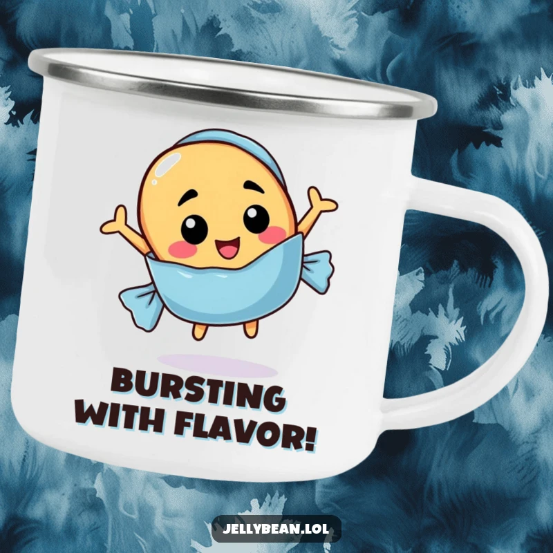 Funny camping mug with a jelly bean character jumping out of a candy wrapper, perfect for outdoor enjoyment.