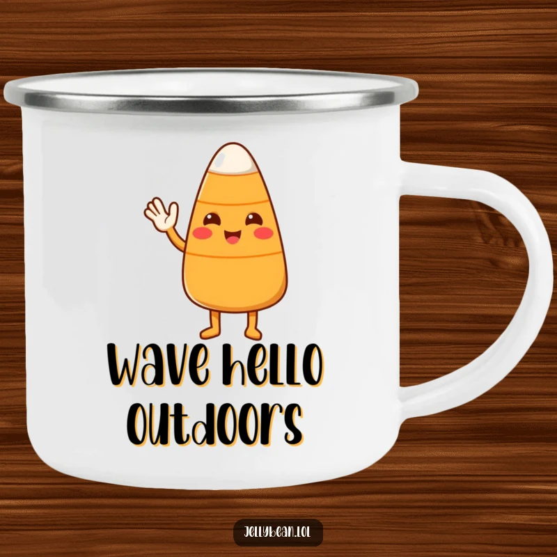 Funny Candy Corn Camping Mug with a cute character waving hello, perfect for friendly sips on outdoor adventures.
