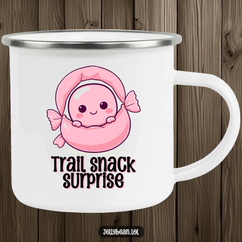 Funny jelly bean character peeking from behind a large candy wrapper on a camping mug, perfect for sweet outdoor sips.