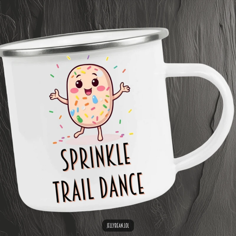 Funny Camping Mug: A jelly bean character dances amidst rainbow sprinkles, designed for durable, fun-themed outdoor enjoyment.