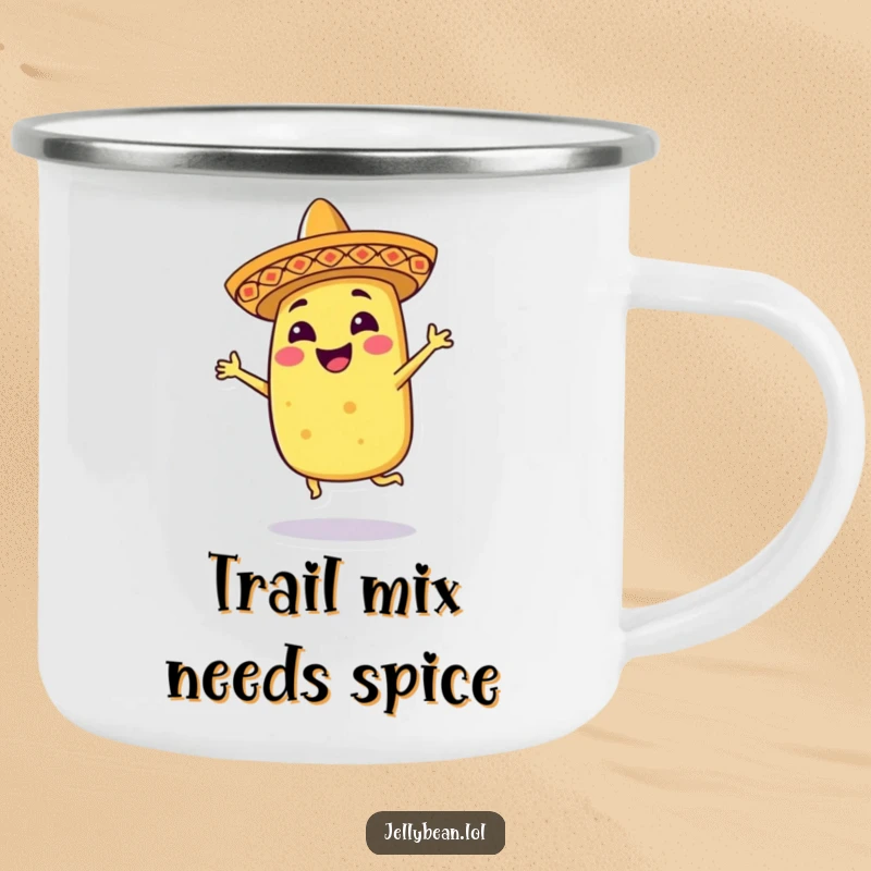 Funny camping mug featuring a smiling taco character in a small sombrero, dancing energetically, perfect for outdoor adventures and good times.