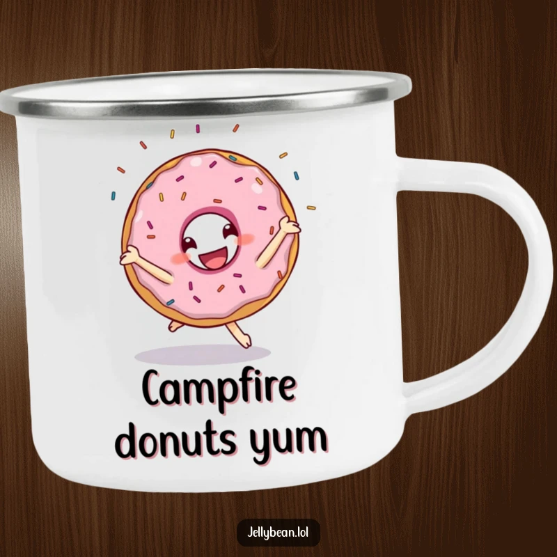 Funny camping mug featuring a grinning donut character doing a cartwheel with sprinkles flying, ideal for outdoor enjoyment with a humorous twist.